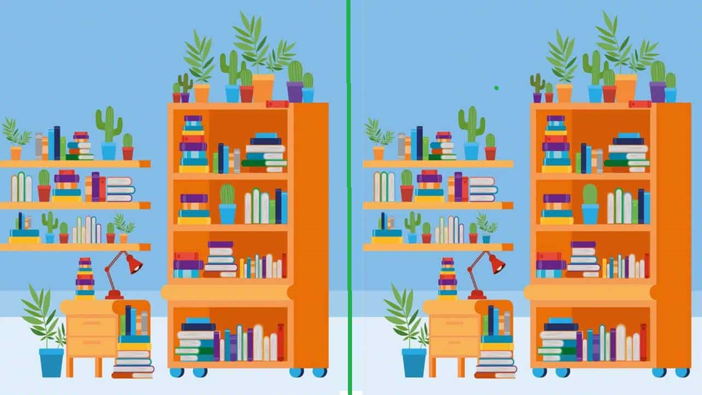 Ilustração de um raciocínio lógico com uma estante com livros e plantas, onde é possível observar as diferenças entre duas imagens aparentemente idênticas