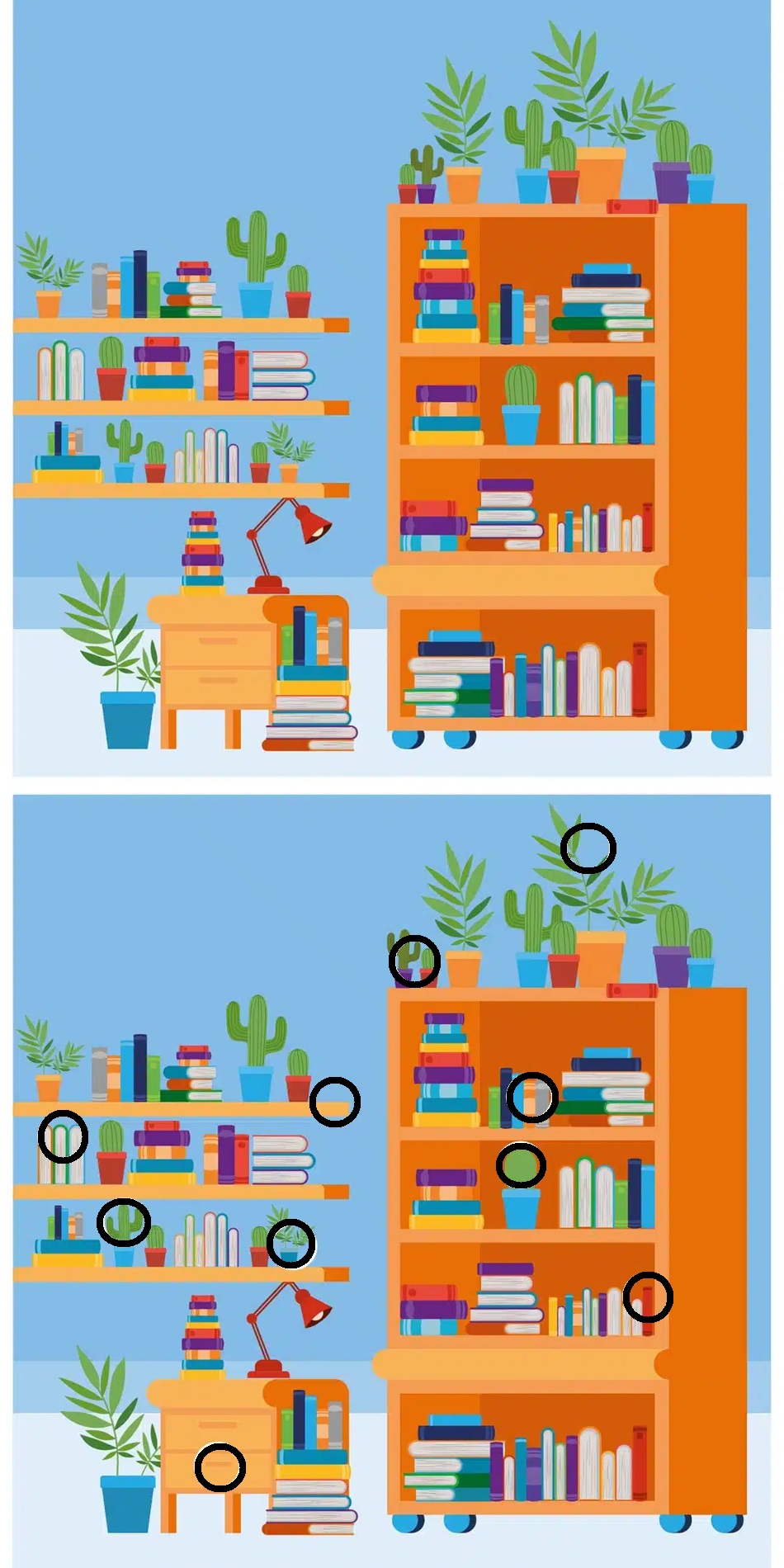 Solução da ilustração de um raciocínio lógico com uma estante com livros e plantas, onde é possível observar as diferenças entre duas imagens aparentemente idênticas