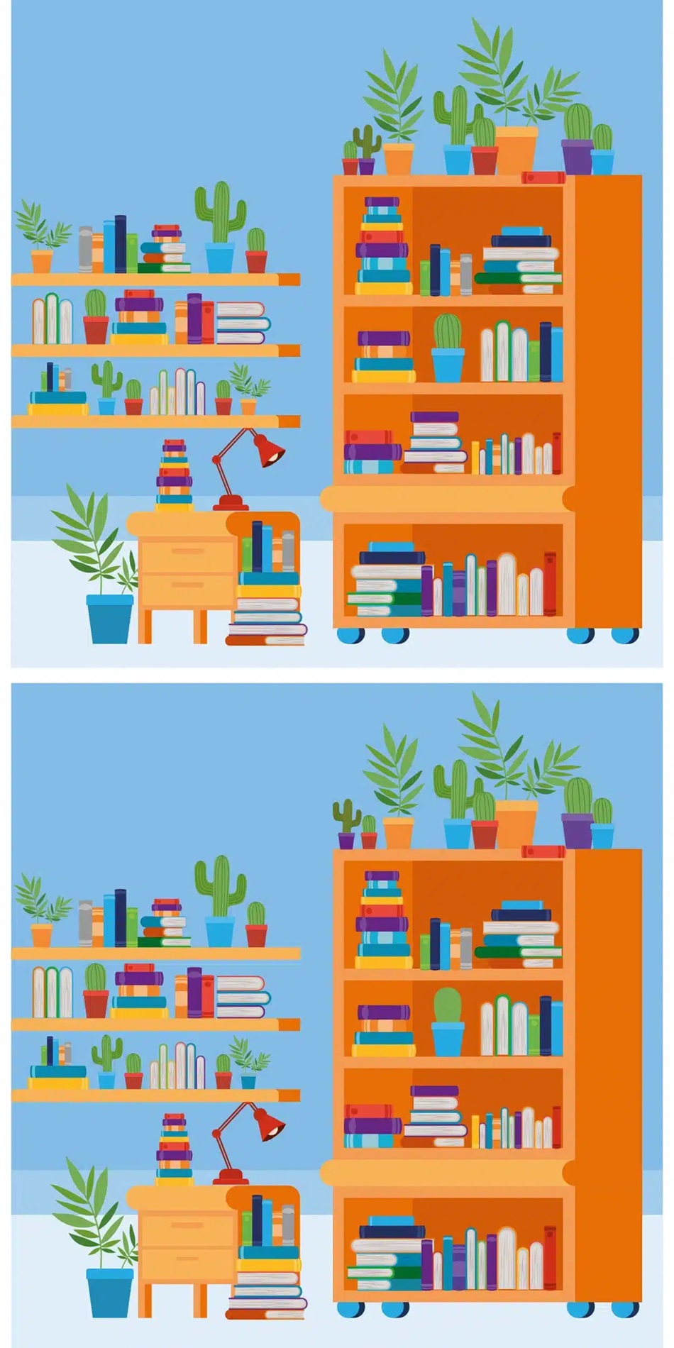 Ilustração de uma estante com livros e plantas, onde é possível observar as diferenças entre duas imagens aparentemente idênticas