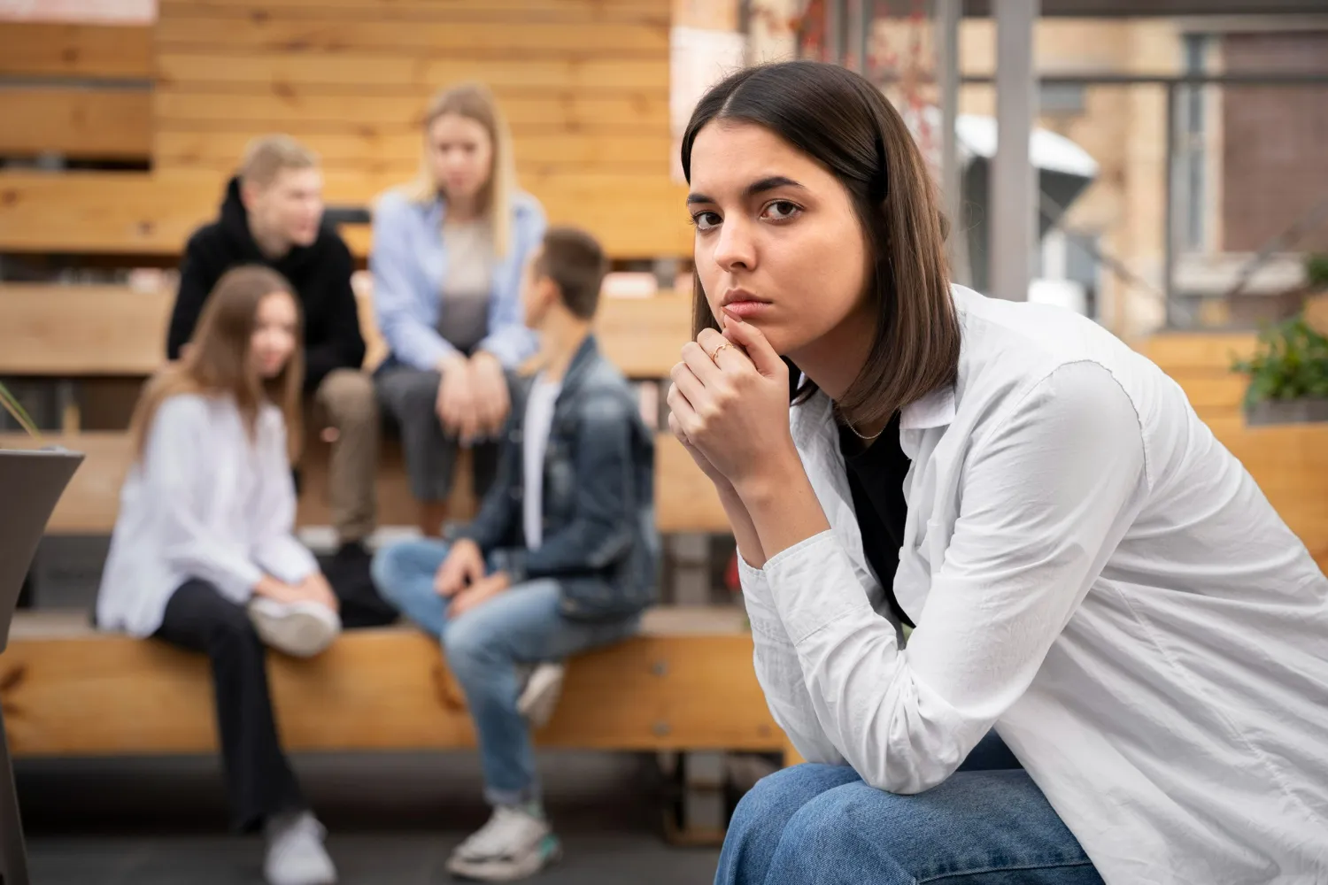 Mulher sentada sozinha, com expressão séria e postura corporal tensa, observando um grupo de pessoas ao fundo.