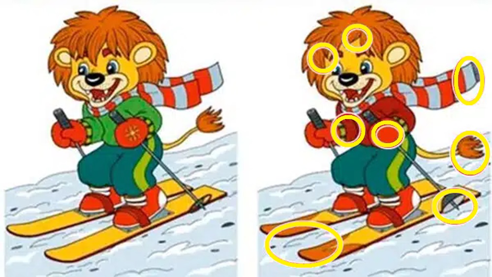 Solução do teste de QI com uma ilustração de um leão esquiando com duas versões da imagem, apresentando diferenças sutis para um desafio visual.