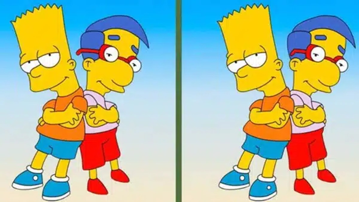 Teste de QI com imagem duplicada de Bart e Milhouse lado a lado em desafio de encontrar diferenças