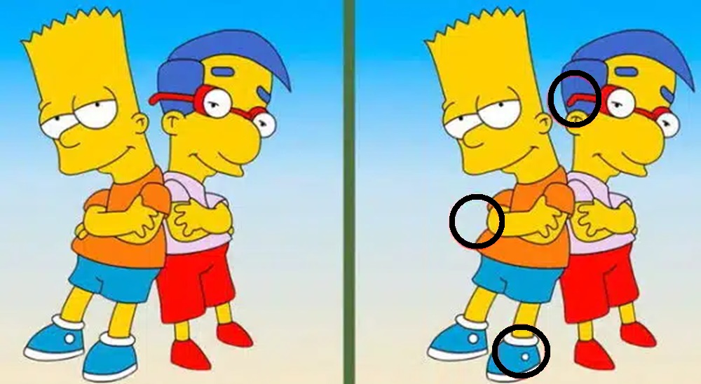 Solução do teste de QI com imagem duplicada de Bart e Milhouse lado a lado em desafio de encontrar diferenças