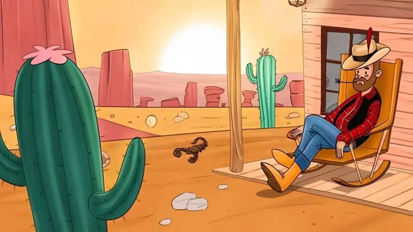 Teste de QI de um cowboy relaxando em uma cadeira de balanço no deserto, com elementos escondidos na cena.