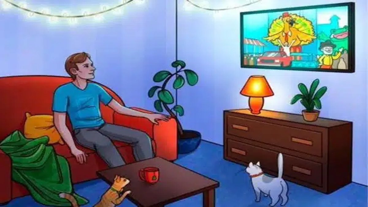 Homem sentado em sofá assistindo TV em uma sala decorada com plantas, gatos e luzes.
