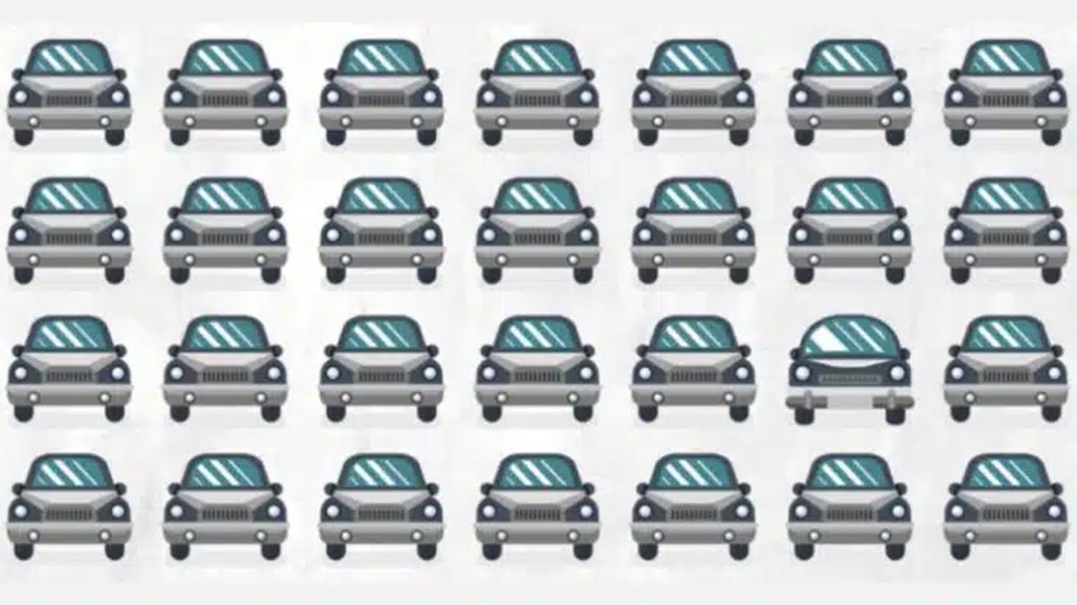 Vários carros idênticos dispostos em uma grade, com um carro diferente dos outros.