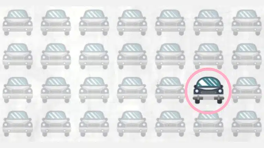 Solução do teste de QI com vários carros idênticos dispostos em uma grade, com um carro diferente dos outros.