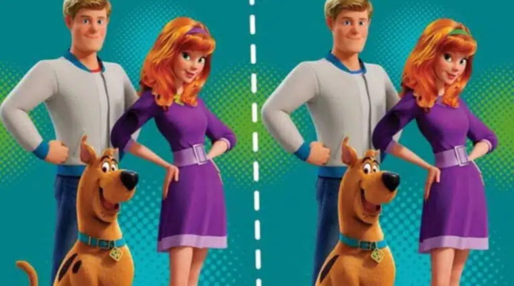 Imagem duplicada dos personagens Fred, Daphne e Scooby-Doo com diferenças sutis entre os dois lados.
