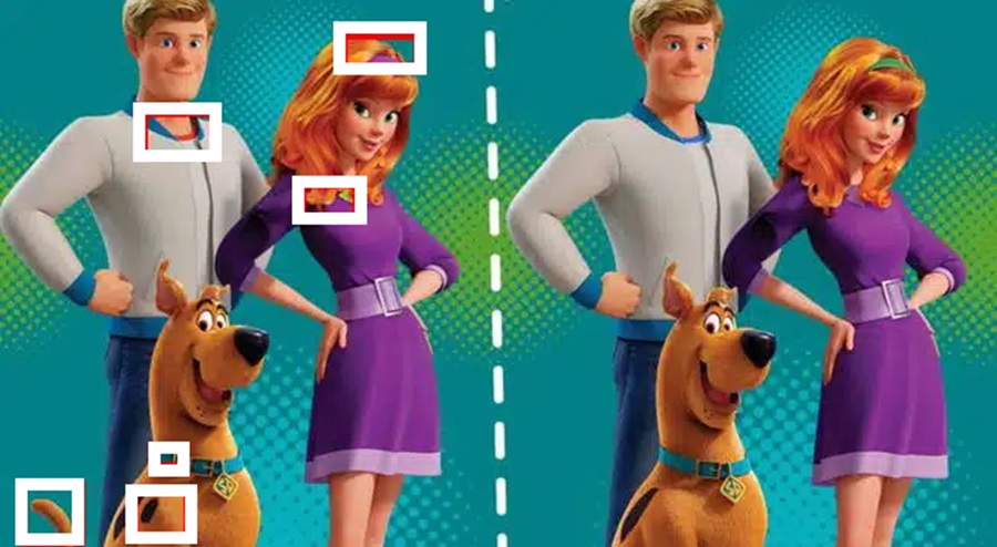 Solução do teste de QI com imagem duplicada dos personagens Fred, Daphne e Scooby-Doo com diferenças sutis entre os dois lados.
