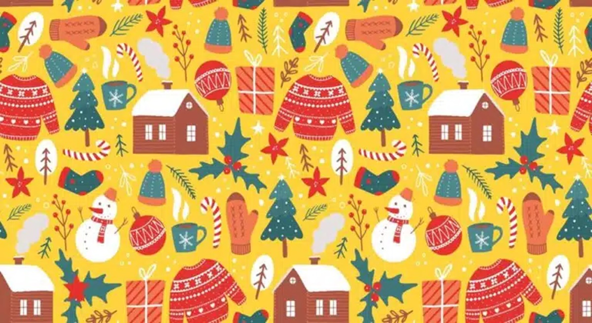 Teste visual com padrão de Natal colorido com casinhas, árvores, gorros, presentes e flocos de neve em fundo amarelo