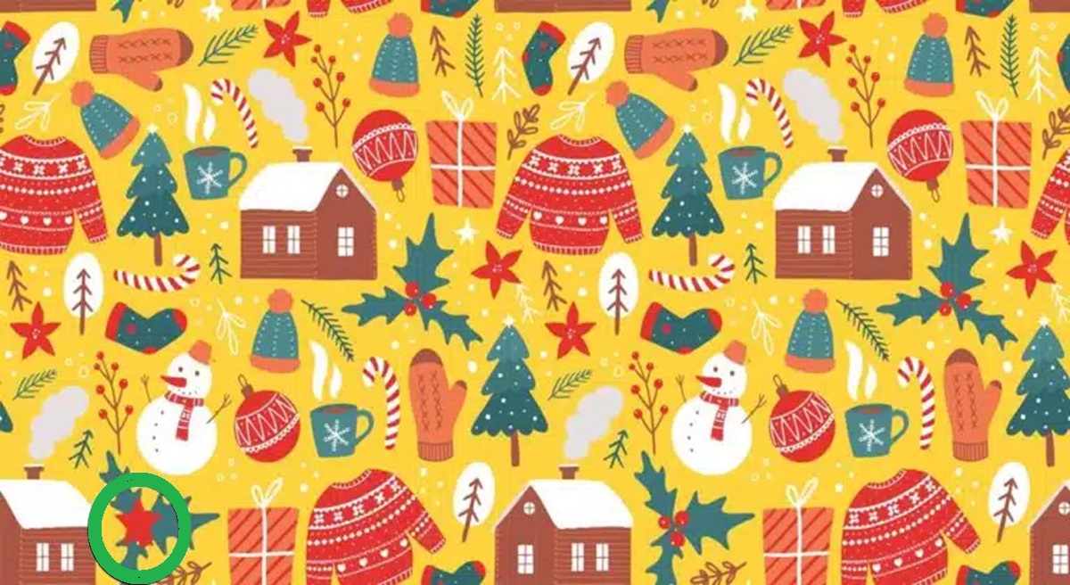 Solução do teste visual com padrão de Natal colorido com casinhas, árvores, gorros, presentes e flocos de neve em fundo amarelo