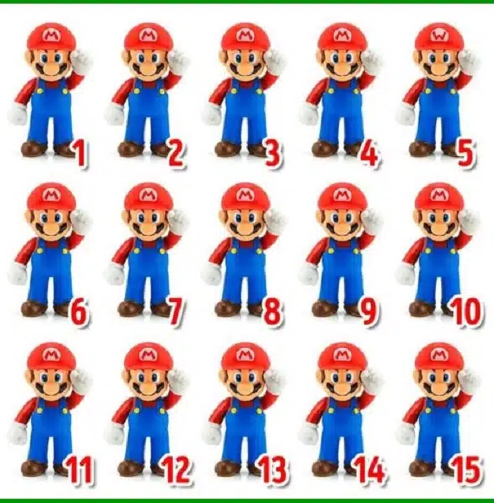 Imagem com várias figuras do Mario Bros em poses semelhantes, onde uma delas apresenta uma diferença sutil.