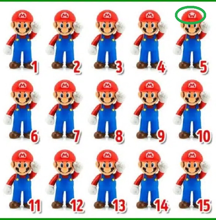 Teste visual com várias figuras do Mario Bros em poses semelhantes, onde uma delas apresenta uma diferença sutil.