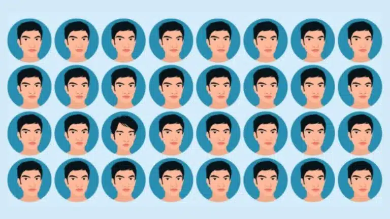 Desafio visual com vários rostos semelhantes e um diferente para ser identificado