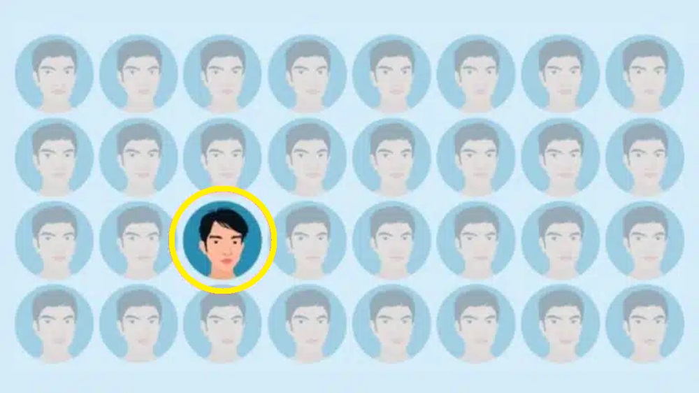 Solução do teste visual com vários rostos semelhantes e um diferente para ser identificado