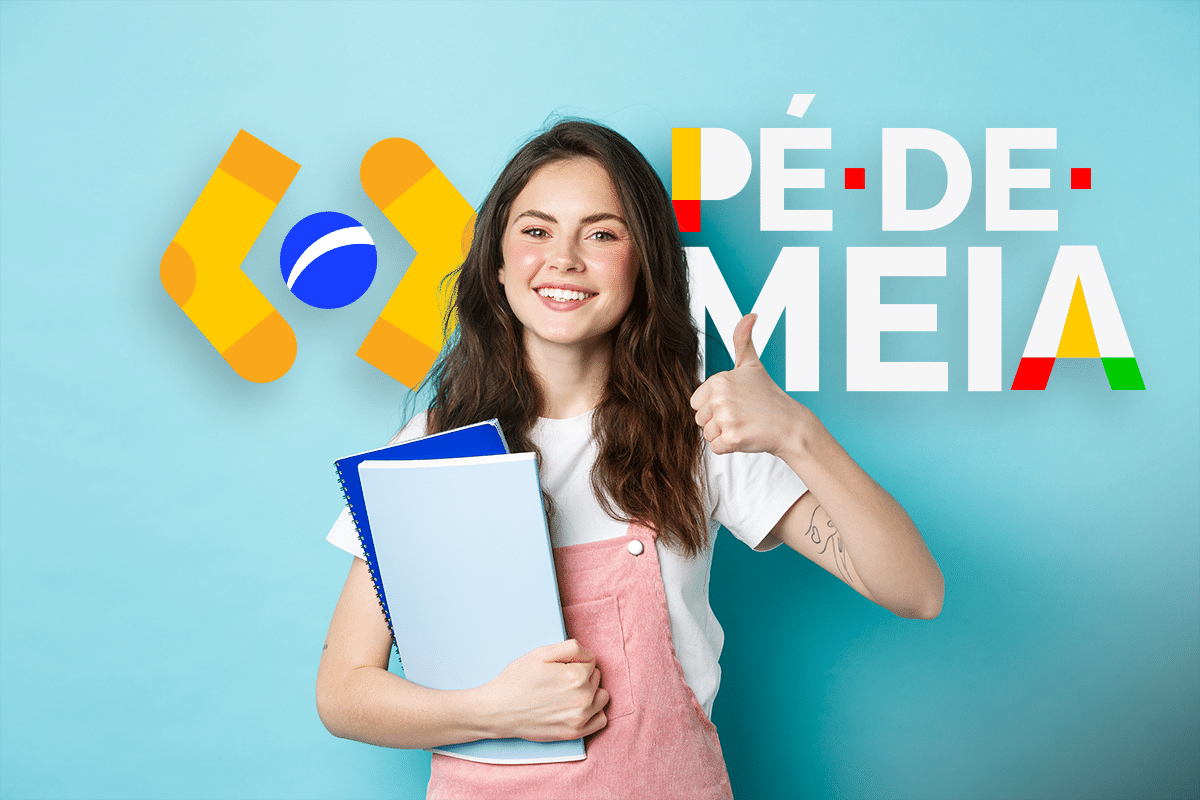 Imagem de uma jovem segurando cadernos, sorrindo e fazendo sinal de positivo. Ao fundo, o logo do programa Pé-de-Meia, que oferece incentivo financeiro para estudantes.