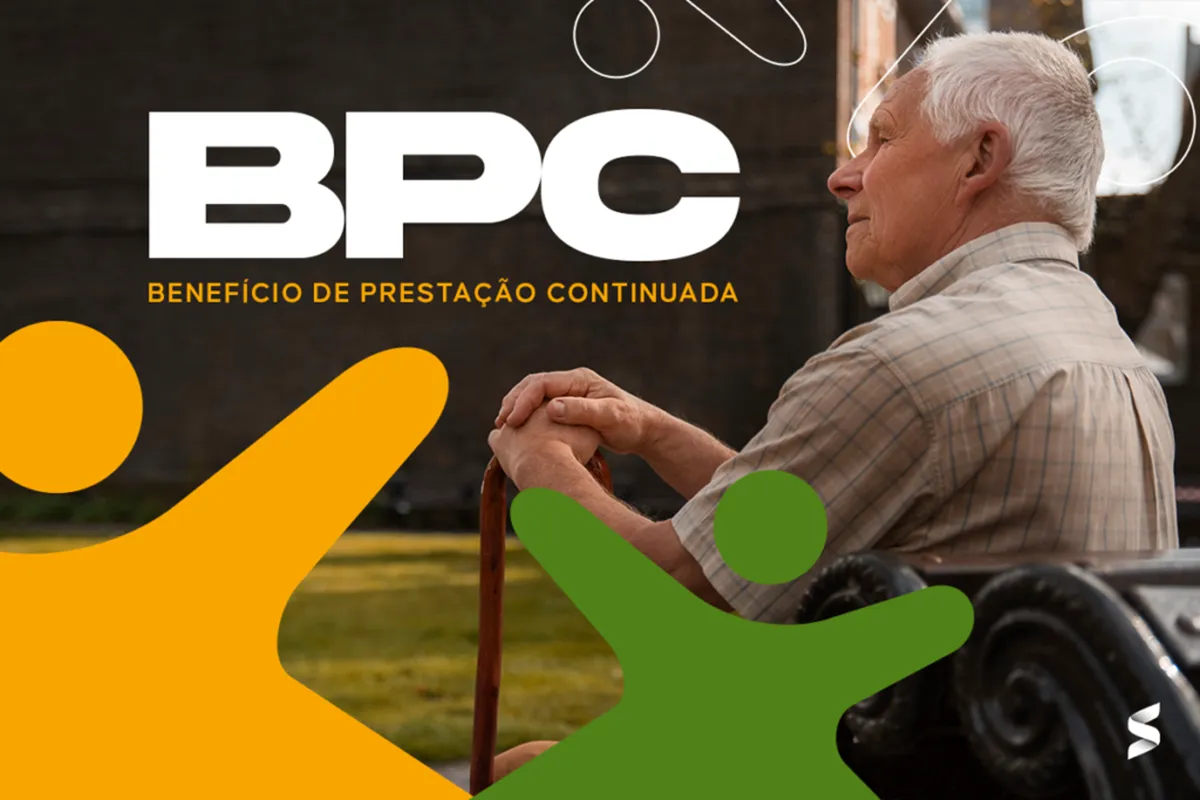 Idoso sentado com bengala ao lado do texto BPC Benefício de Prestação Continuada
