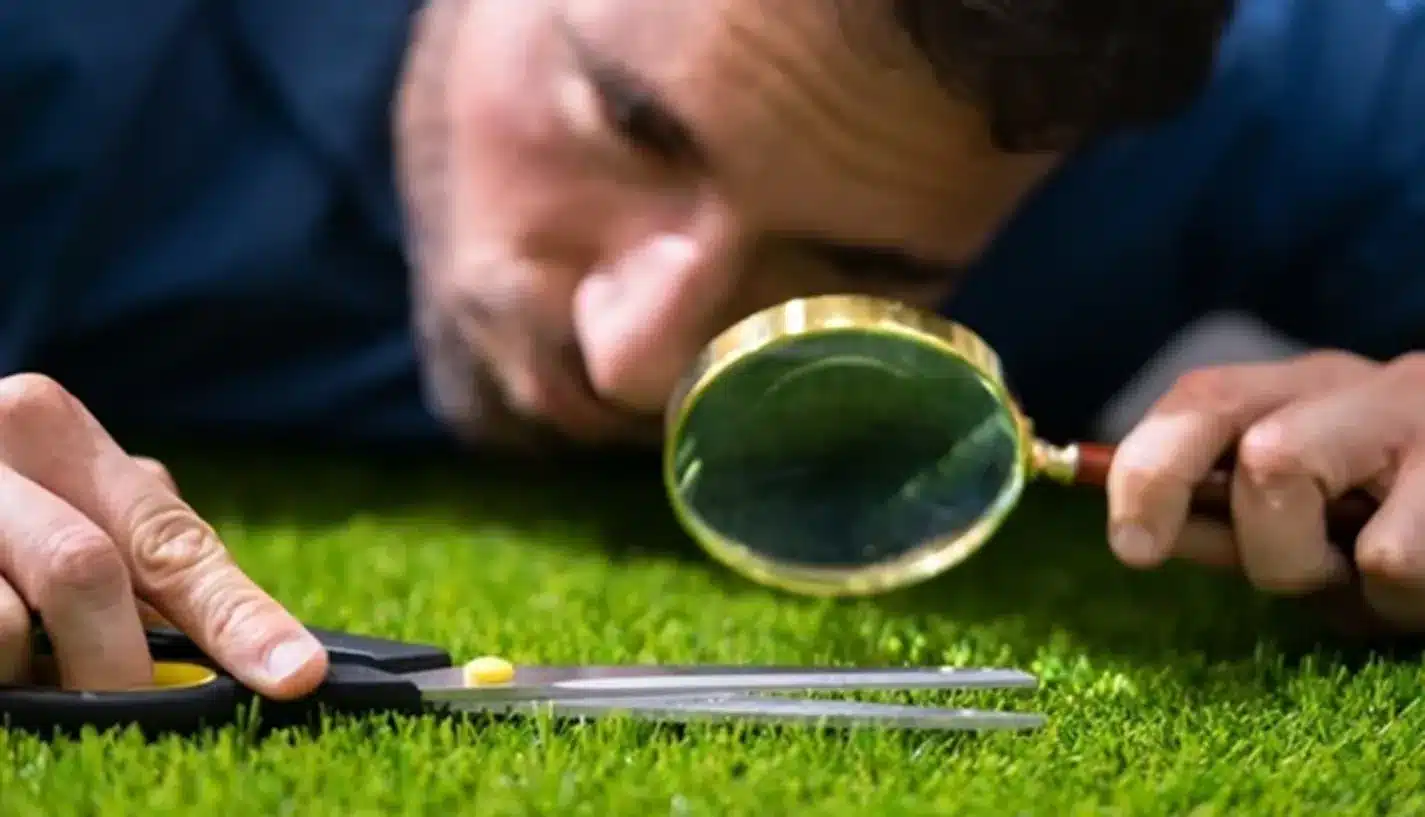 Homem com lupa analisando de perto tesoura sobre grama, simbolizando a busca obsessiva por perfeição.