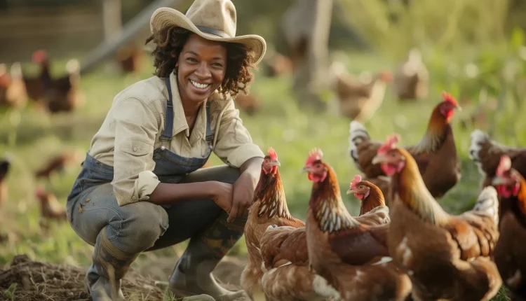Criadora de galinhas sorridente interagindo com bando em área rural