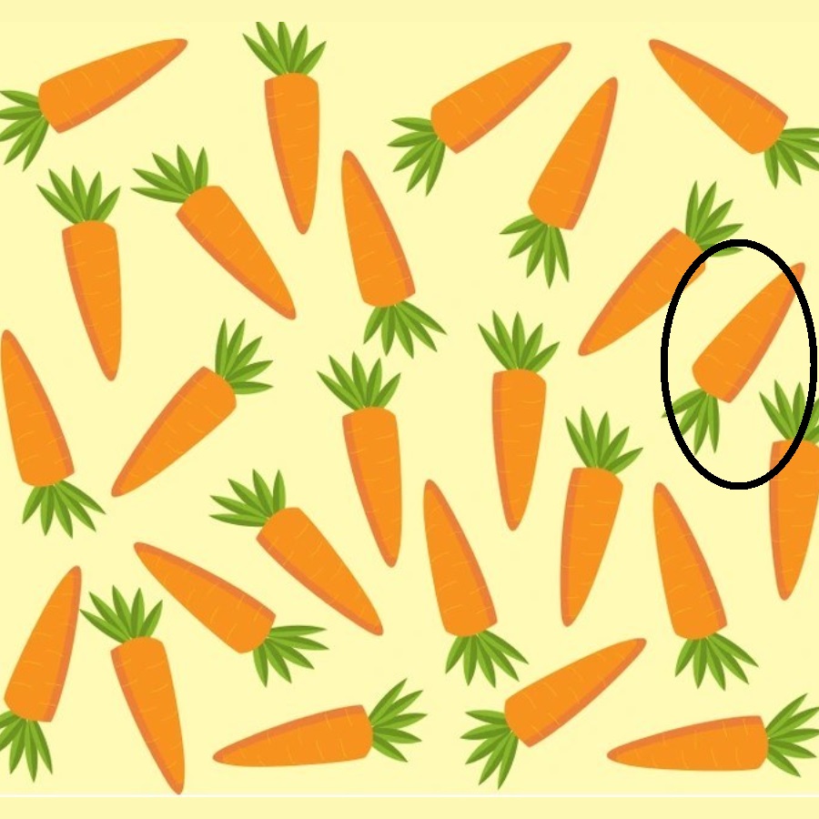 Desafio visual com várias cenouras no padrão e somente uma diferente.