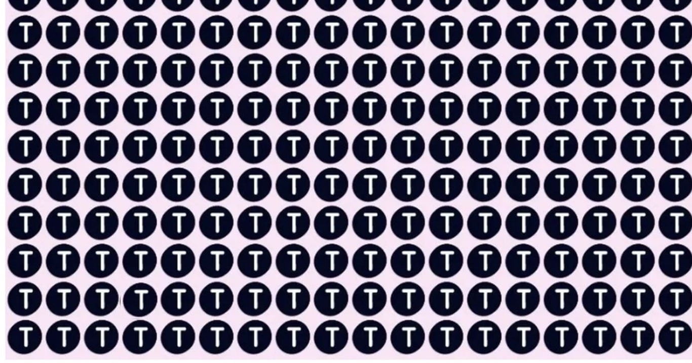 Desafio lógico com a letra F escondida entre diversas letras T em círculos escuros.