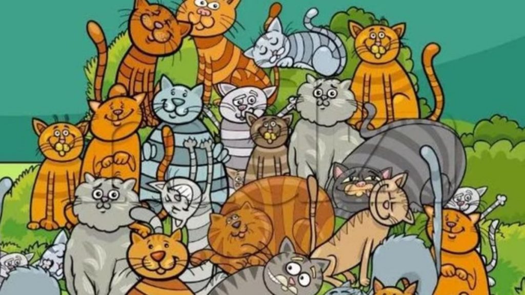 Imagem com vários gatos desenhados em estilo cartoon agrupados ao ar livre, com um cachorro escondido entre eles como parte de um desafio lógico.