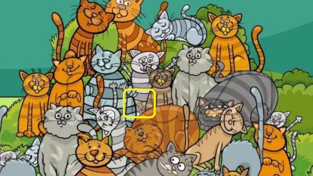 Imagem com vários gatos desenhados em estilo cartoon agrupados ao ar livre, com um cachorro escondido entre eles como parte de um desafio lógico. Solução!
