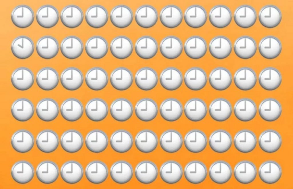 Imagem com múltiplos relógios, destacando-se um relógio diferente. A tarefa é identificar o relógio que apresenta um estilo ou horário distinto dos demais.