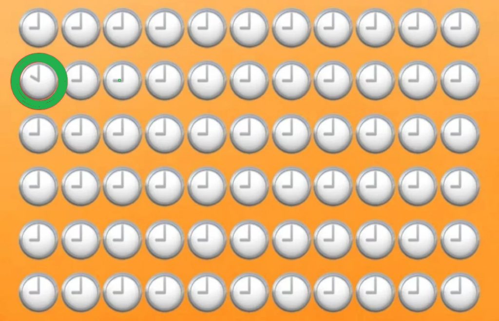 Solução do desafio lógico com múltiplos relógios, destacando-se um relógio diferente. A tarefa é identificar o relógio que apresenta um estilo ou horário distinto dos demais.