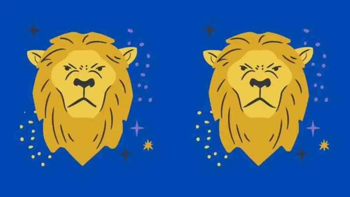 Imagem de dois leões desenhados com linhas simples e fundo azul, parte de um desafio visual para encontrar as cinco diferenças.