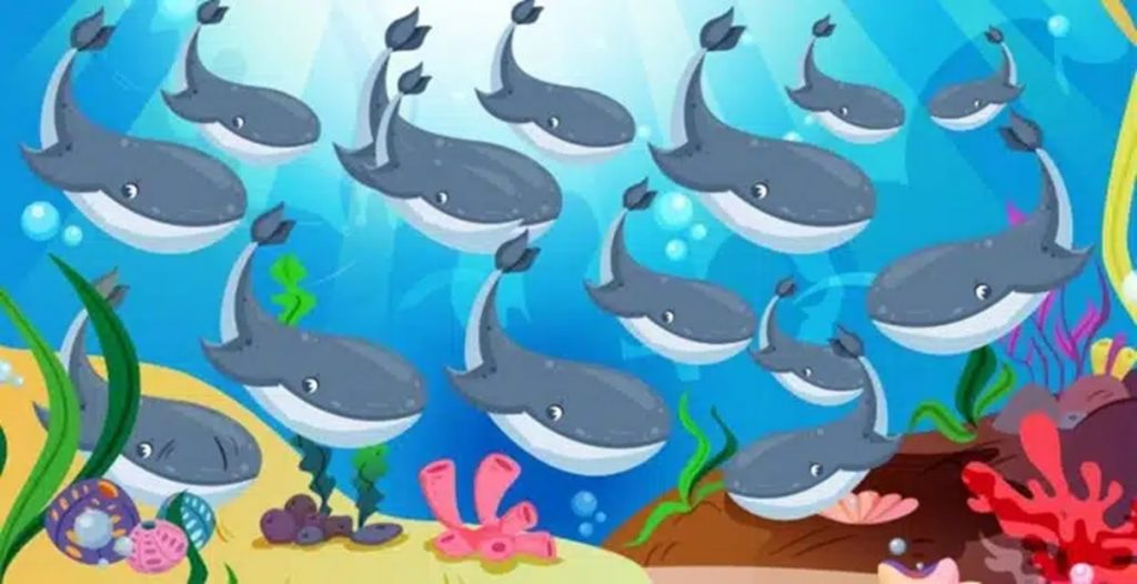 Imagem ilustrada com várias baleias nadando em um ambiente subaquático.