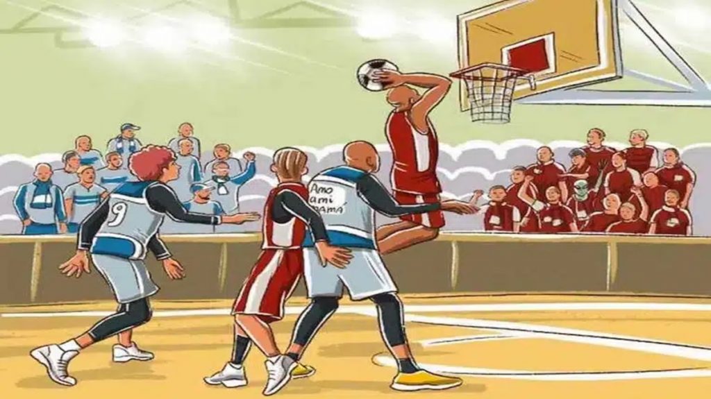 Desafio visual com uma ilustração de um jogo de basquete com jogadores em ação e torcida no fundo. Um jogador está prestes a fazer uma cesta enquanto outros tentam impedir