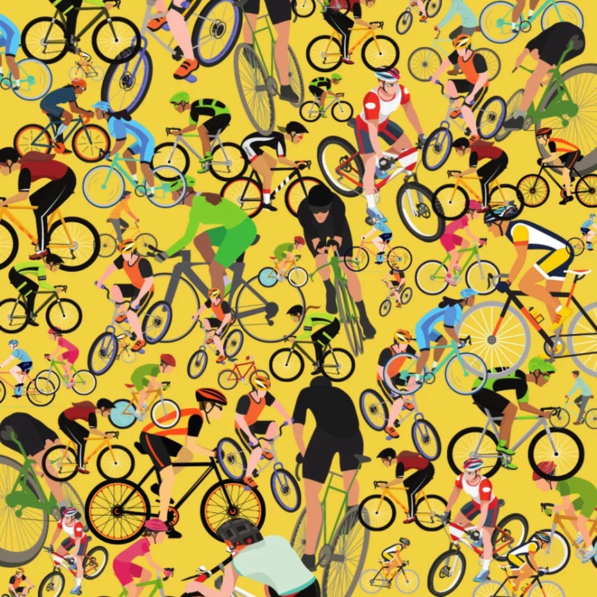Imagem cheia de ciclistas em diversas bicicletas coloridas sobre um fundo amarelo vibrante
