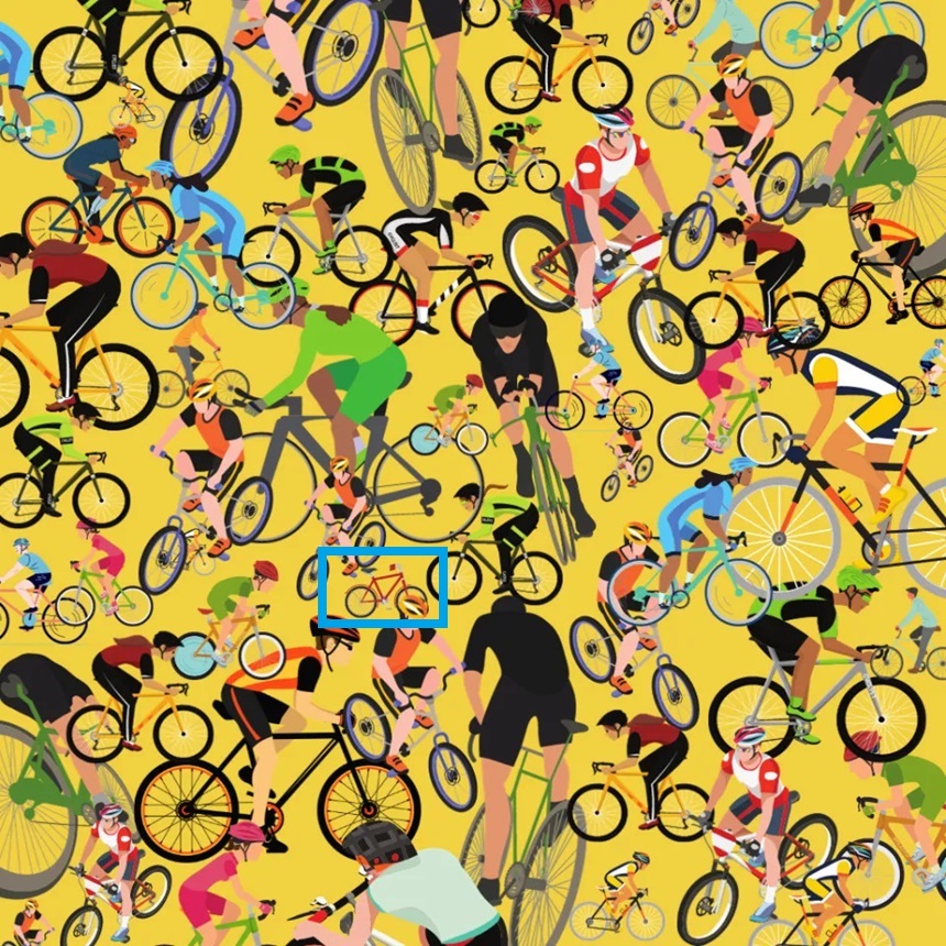 Solução do desafio visual com imagem cheia de ciclistas em diversas bicicletas coloridas sobre um fundo amarelo vibrante.