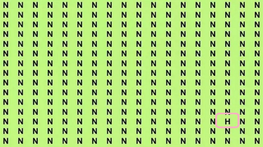 Solução do desafio visual com várias letras "N" organizadas em padrão repetido, com uma letra "H" diferente.