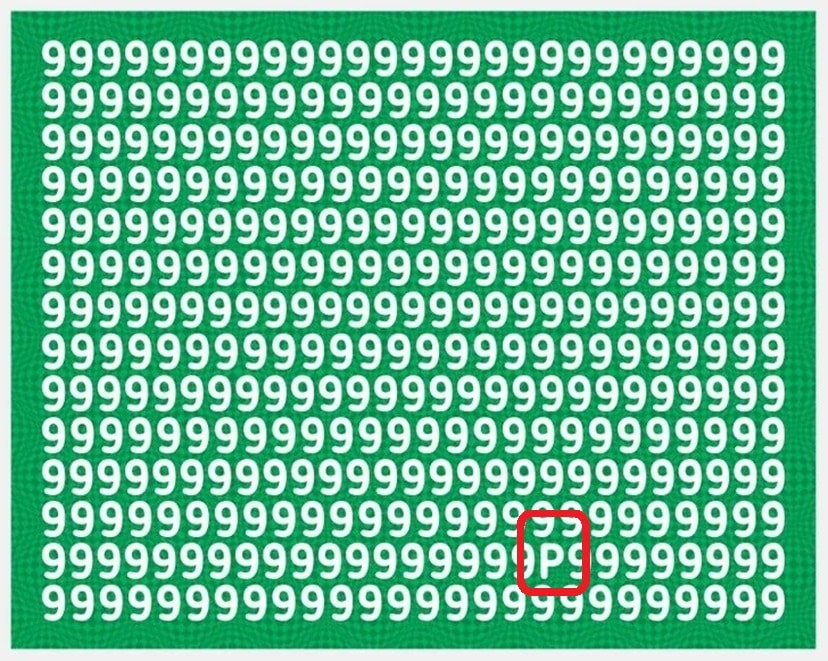 Solução do desafio visual com uma série de números 9 dispostos de forma ordenada em um fundo verde, com uma letra P oculta entre eles