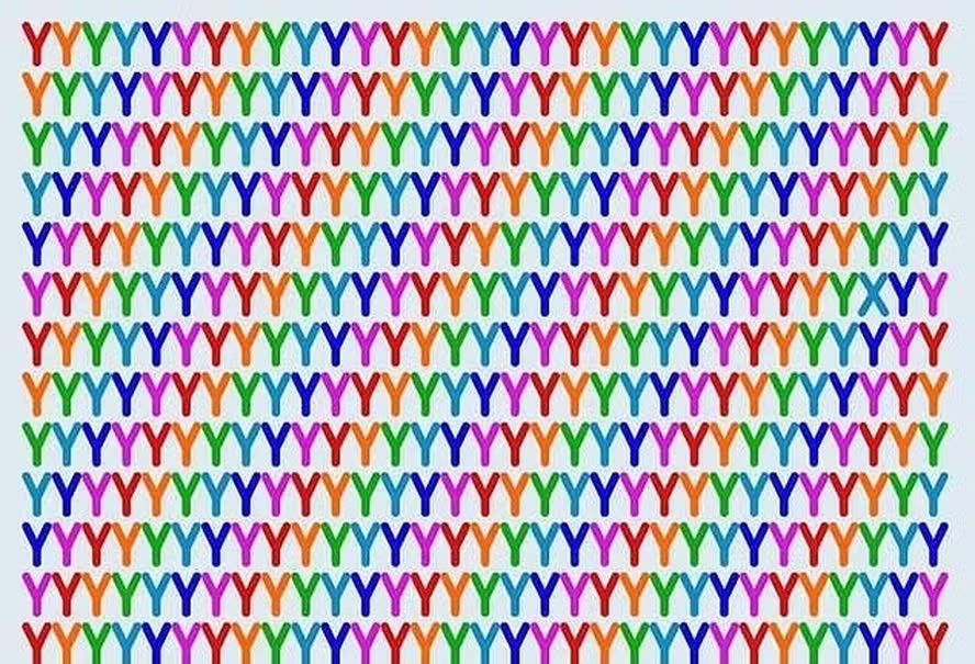 Desafio visual com várias letras 'Y' dispostas em padrão repetitivo nas cores do arco-íris, formando uma sequência visual de formas vibrantes