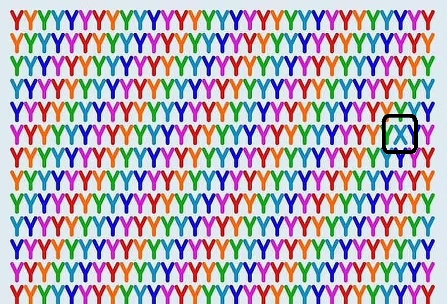 Solução do desafio visual com várias letras 'Y' dispostas em padrão repetitivo nas cores do arco-íris, formando uma sequência visual.