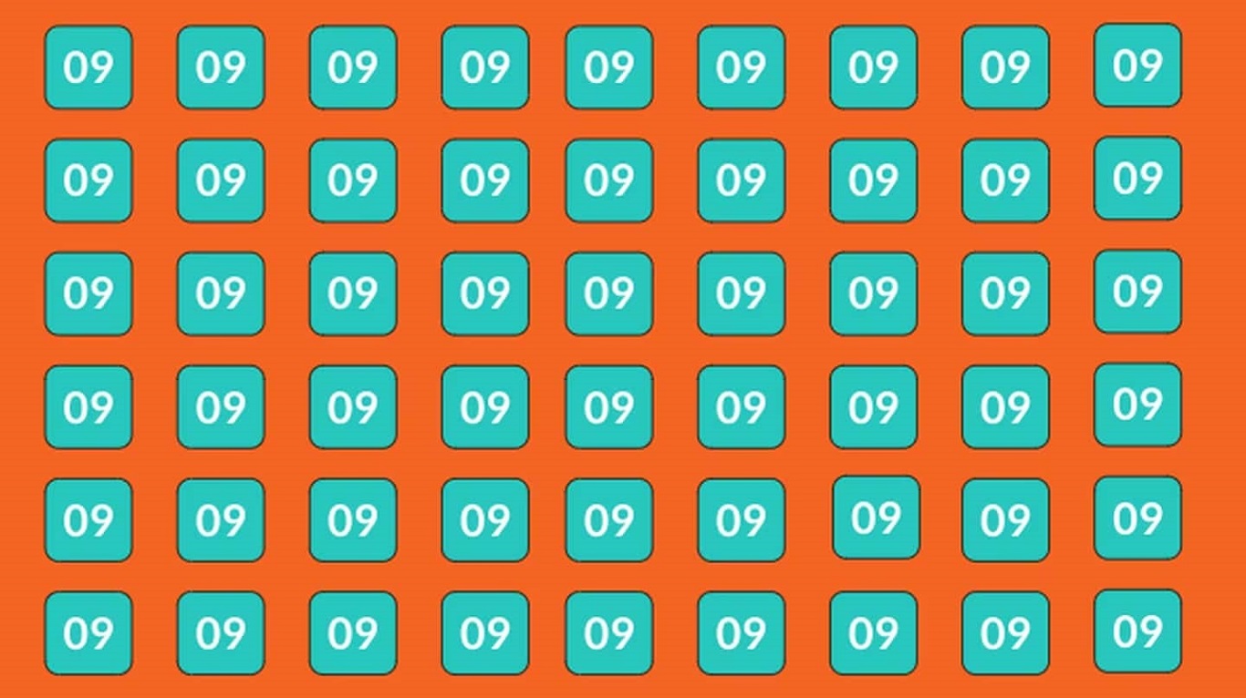 Desafio visual imagem com diversos números 09 em fundo laranja e um número 90 escondido entre eles.