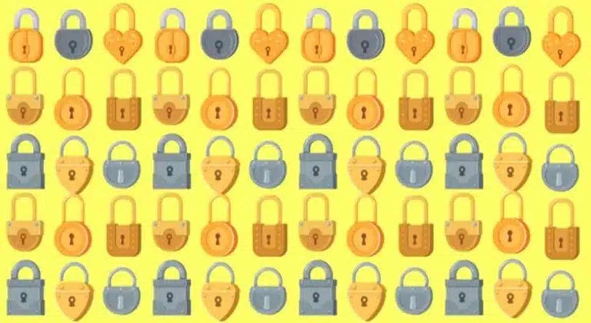 Desenho com vários cadeados fechados de diferentes formatos e cores sobre fundo amarelo