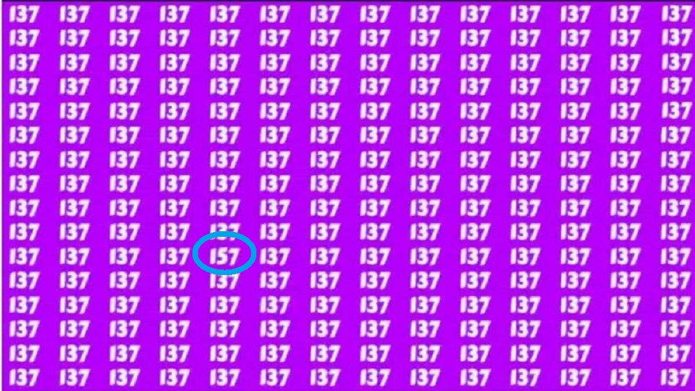 Solução para a imagem com várias repetições do número 137 em fundo roxo, com o número 157 oculto entre os 137.