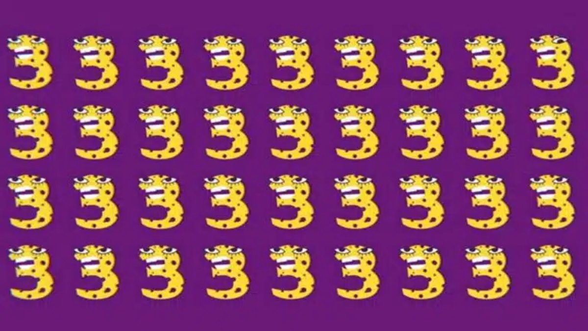 Desafio visual com padrão repetido de números 3 amarelos com manchas de onça em fundo roxo e um dos números 3 diferente.