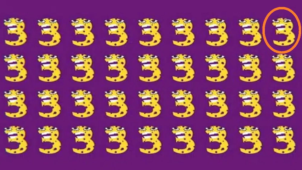 Solução do desafio visual com padrão repetido de números 3 amarelos com manchas de onça em fundo roxo e um dos números 3 diferente.