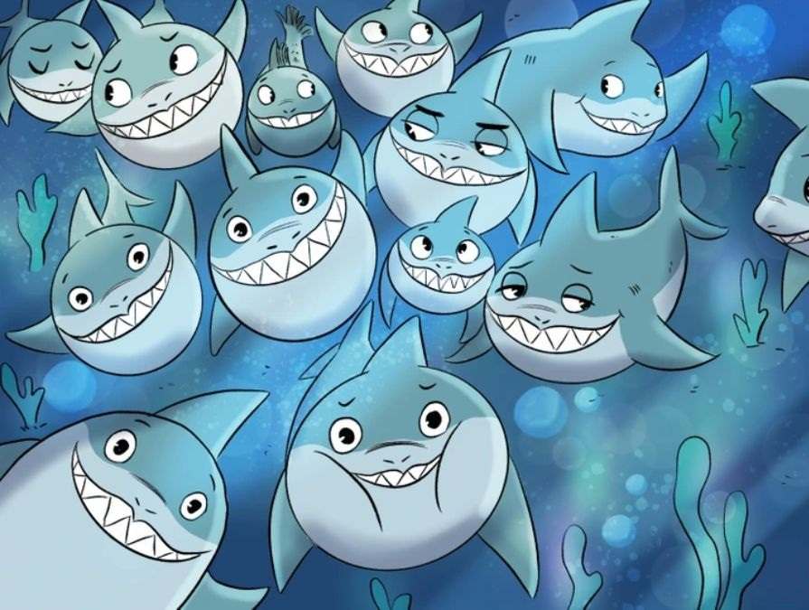 Desafio visua l- Encontre o peixe entre os tubarões. Fonte: Jagran Josh.