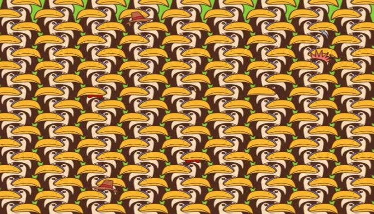 Desafio visual com vários tucanos organizados lado a lado, com um pinguim disfarçado entre eles.
