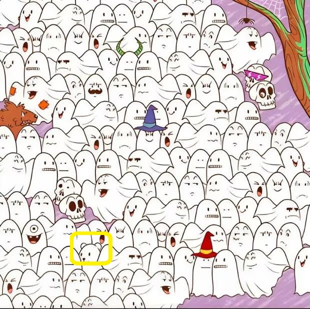 Solução do ddesafio visual de Halloween: encontre o urso polar escondido entre os fantasmas.