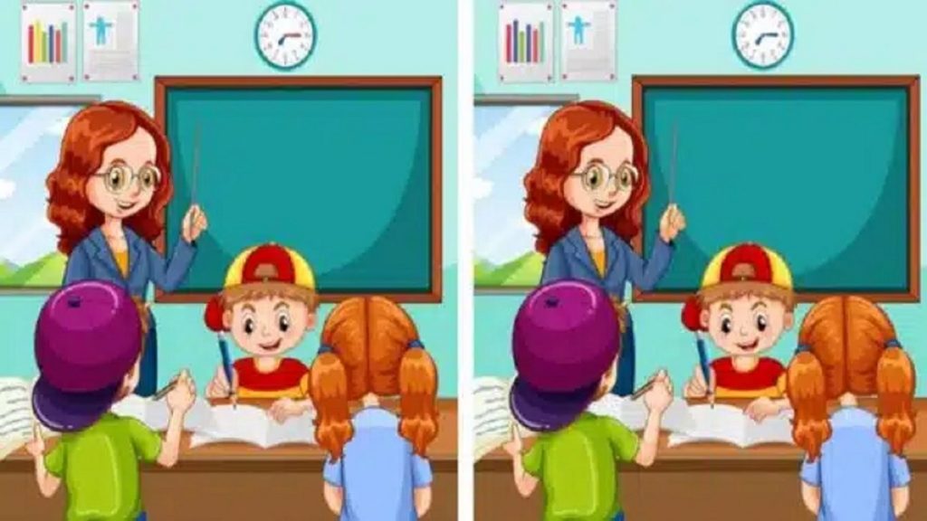 Cena de sala de aula com professora e três alunos em frente ao quadro, usada em desafio de encontrar diferenças