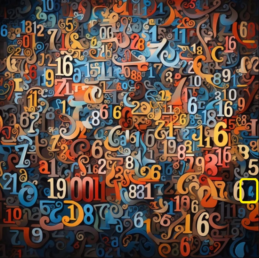 Solução do teste de QI com vários números coloridos embaralhados, escondendo o número 4.