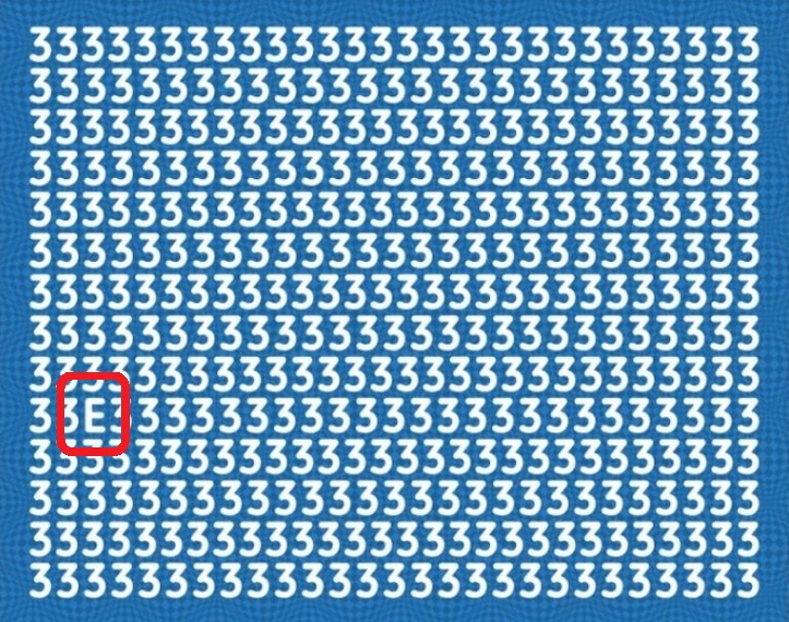 Solução do teste de QI com várias vezes o número 3, com uma letra 'E' oculta entre eles.