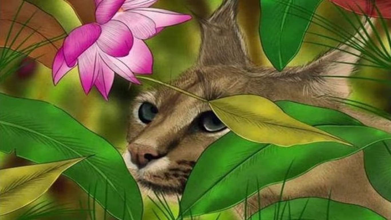 Teste de QI com uma ilustração de felino escondido entre folhas e flores e um beija-flor escondido.